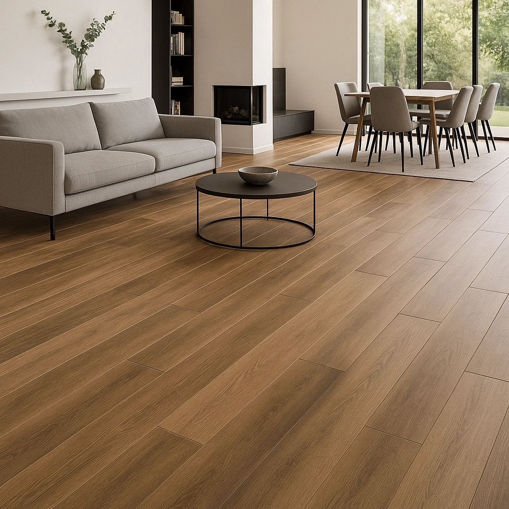 Wood-look porcelain tile flooring in modern living room and dining area.