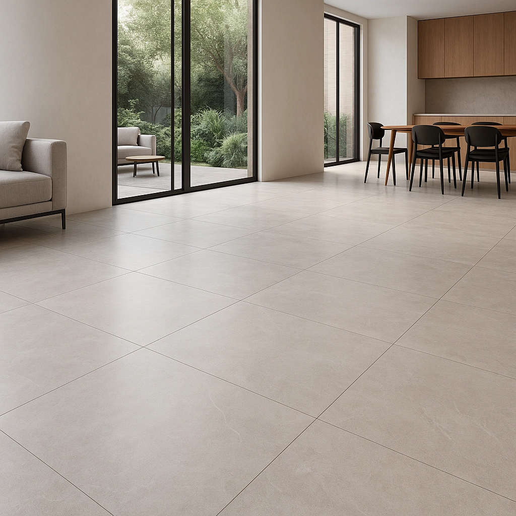 Large format porcelain tile flooring in modern living room and kitchen interior