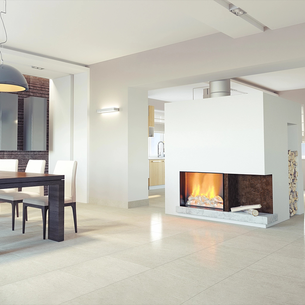 Large format porcelain tile flooring in modern living room with fireplace.
