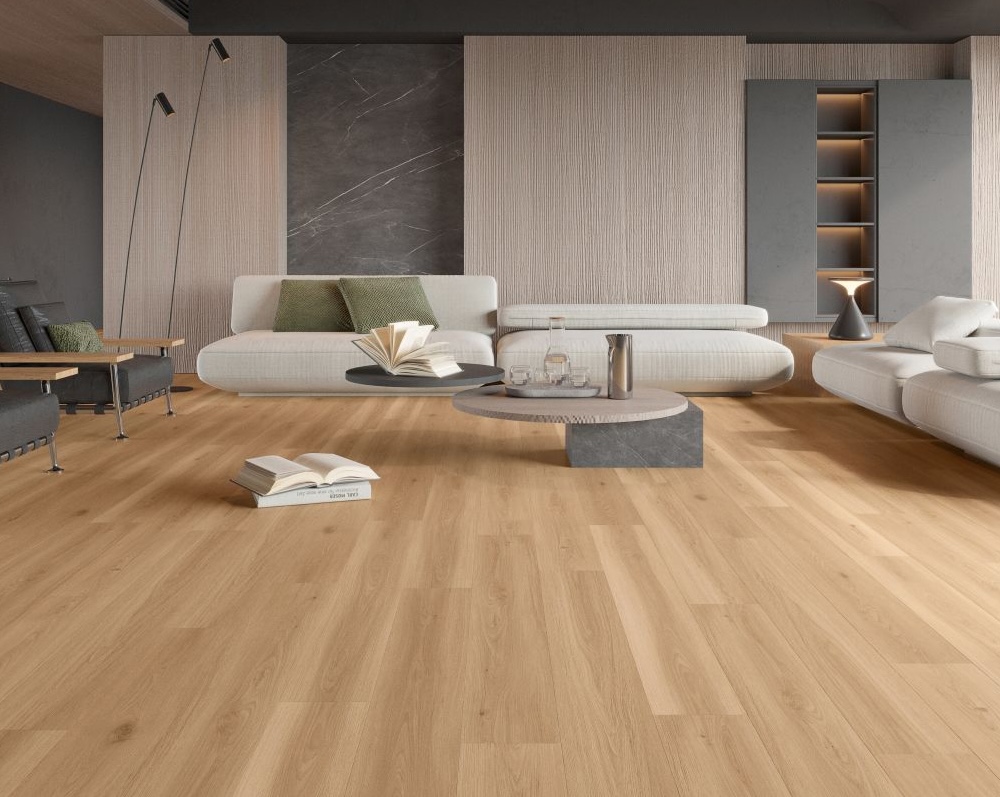 Premium light wood-look vinyl flooring installed in stylish contemporary living room interior
