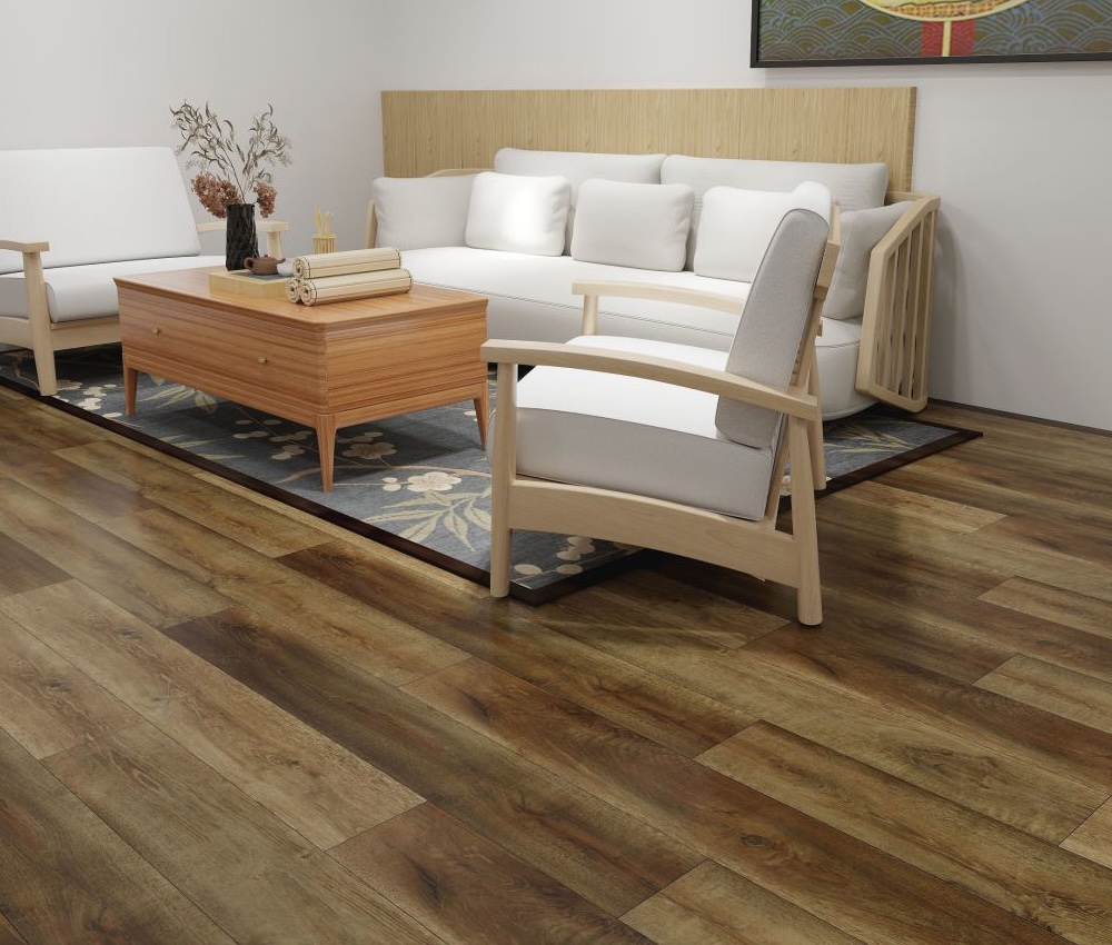Luxury vinyl plank flooring in modern living room interior with wood-look finish