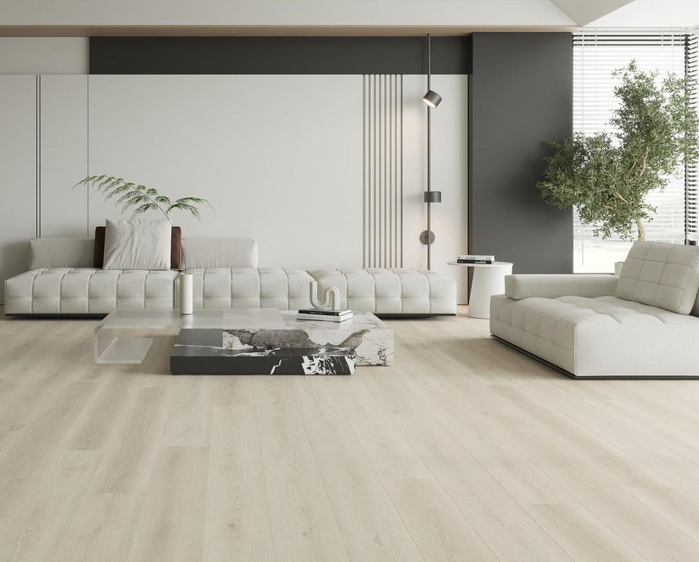 Light wood-look luxury vinyl plank flooring in modern minimalist living room