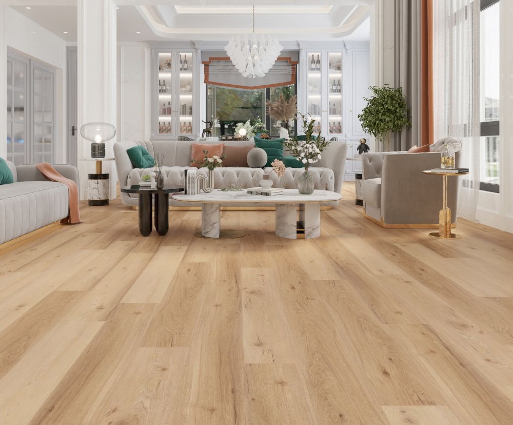 Natural oak look vinyl plank flooring installed in modern luxury living room interior