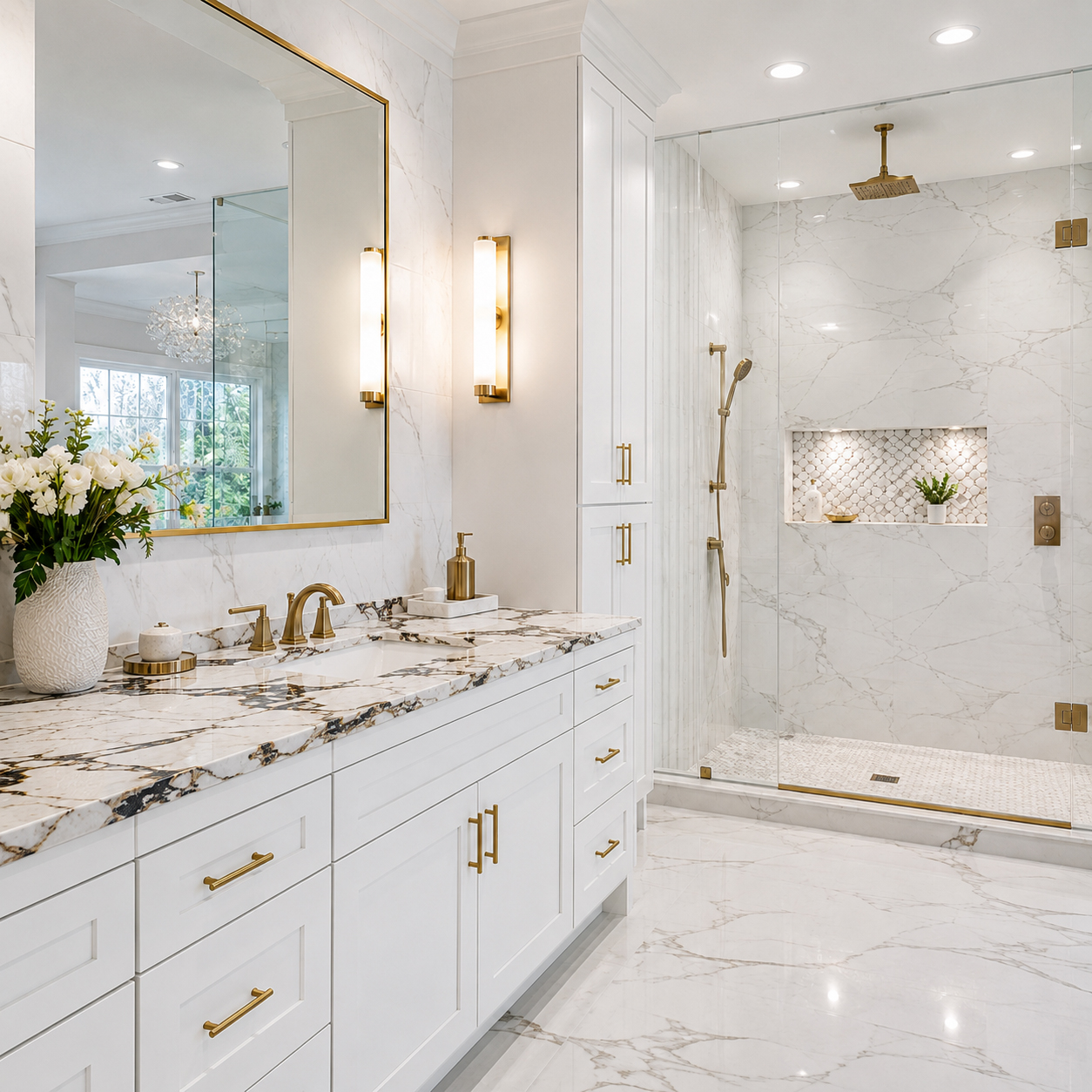 Luxury white bathroom with a marble vanity, walk-in shower, and gold fixtures